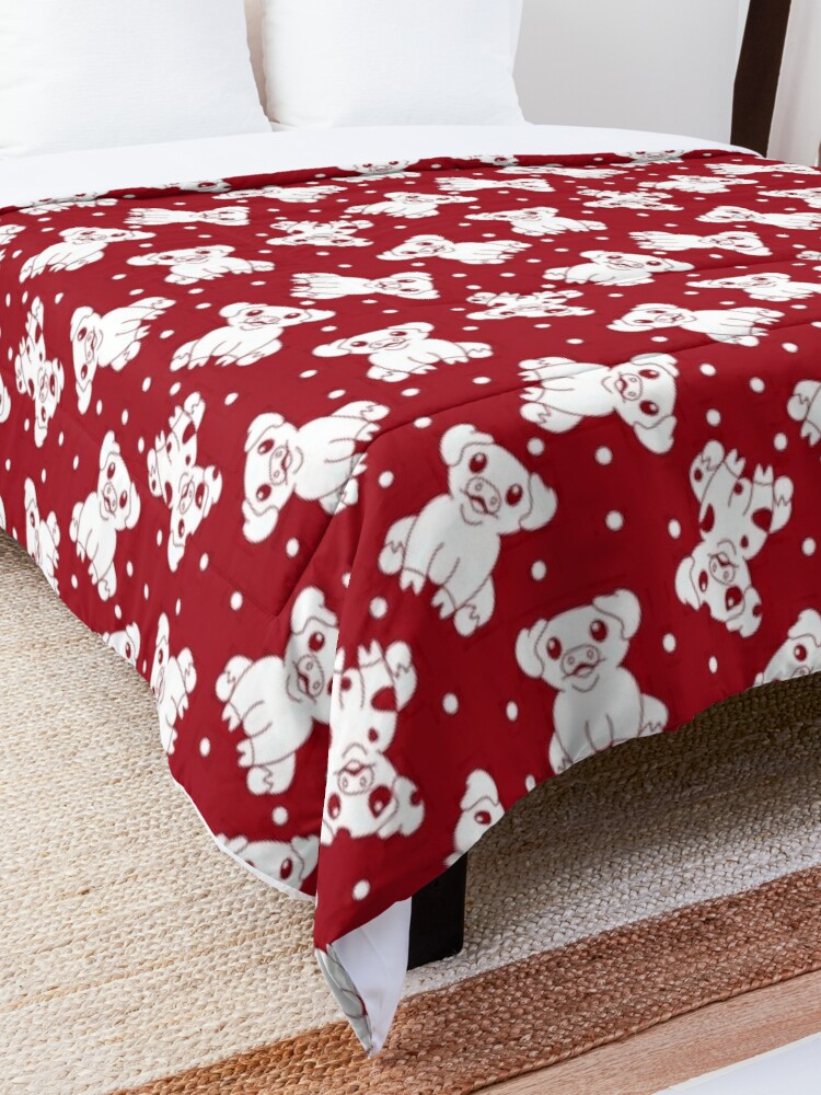 White Pigs on Red Comforter