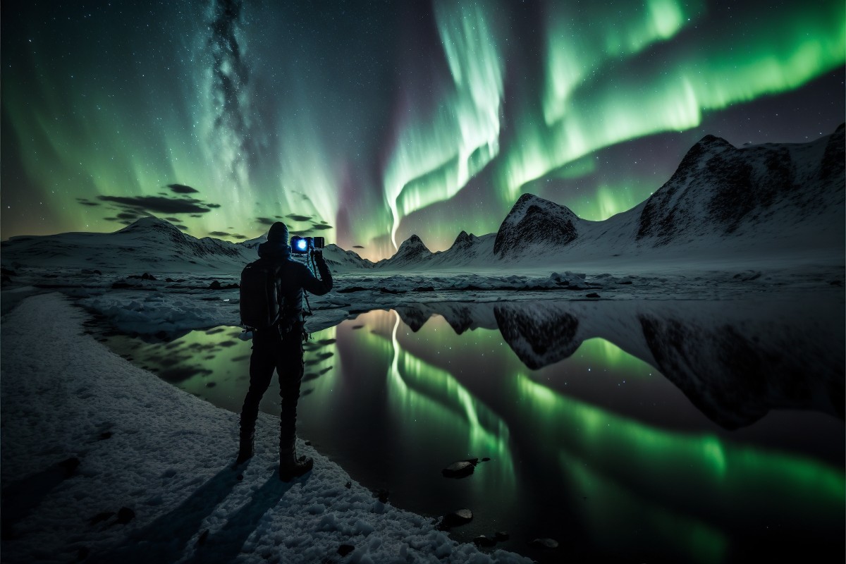 A man photographing the Northern Lights.