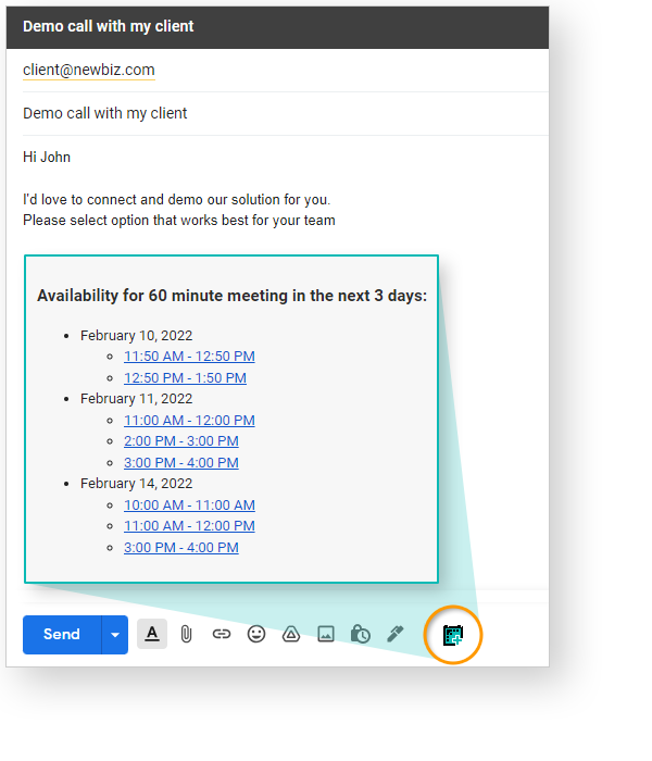 Find meeting time slots with one click across all calendars and team members