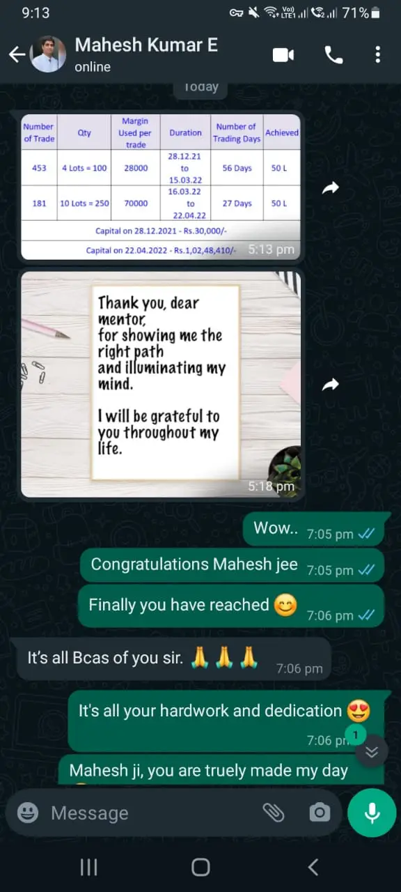 Mahesh's trading result screenshot showing account growth while running his own business