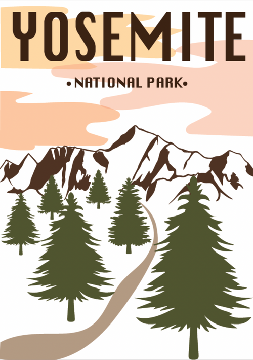 Yosemite National Park poster with brown lettering, a peach-colored sky, angular mountains, green pine trees and a winding pale path.