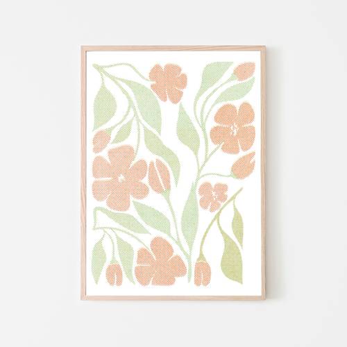 A light wood frame containing a cream print of peach-colored flowers and pale green stems and leaves.
