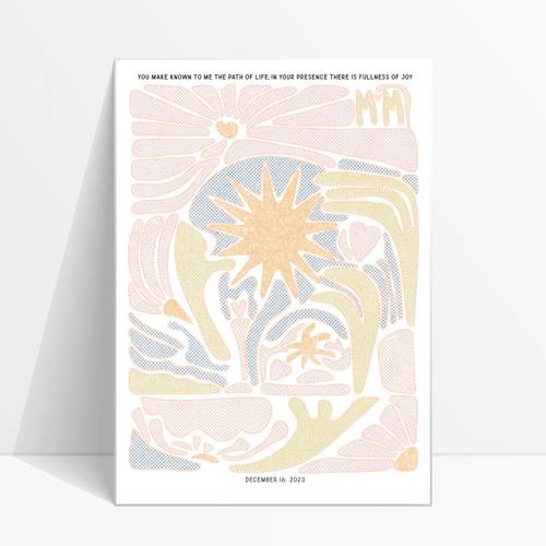 Poster mockup with a central golden sun surrounded by flowing pastel pink, blue and green shapes on a cream background.