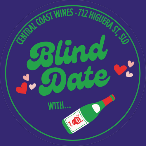 Circular purple and green wine event graphic with large Blind Date lettering, small hearts and an illustrated bottle.