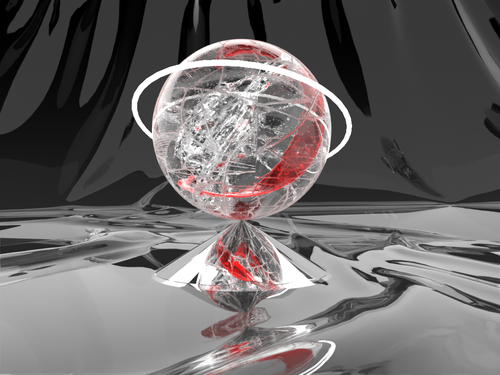 A translucent sphere with white orbital rings and red accents rests on a reflective pedestal in a black-and-gray sculptural landscape.