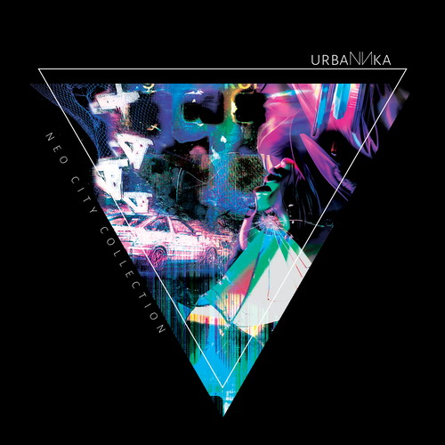 An inverted triangle filled with layered cyan, pink, blue and black imagery, outlined by fine white lines against a black background.