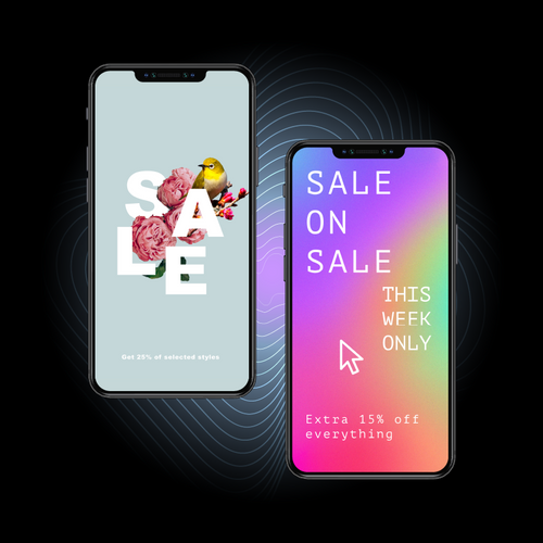 Two smartphone mockups on black: one with pale blue sale typography and floral details, and one with a bright gradient sale announcement.