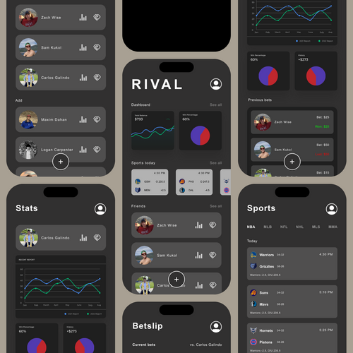 A collection of dark smartphone dashboard screens showing sports listings, line charts, pie charts, statistics and betting slip interfaces.