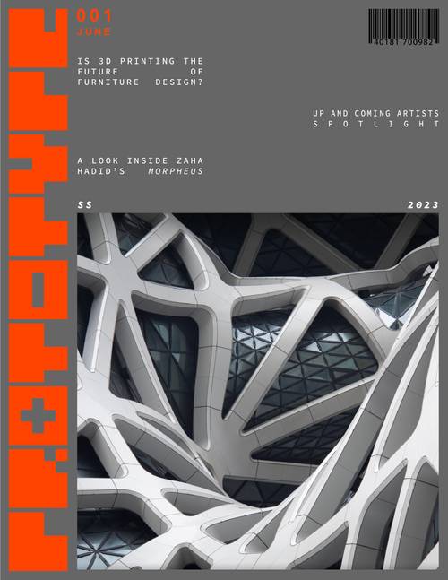 Gray editorial cover with oversized vertical orange lettering and a black-and-white photograph of sculptural lattice-like furniture.