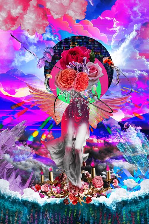 A human figure topped with red roses stands amid layered butterflies, flowers, clouds and intensely colored abstract scenery.