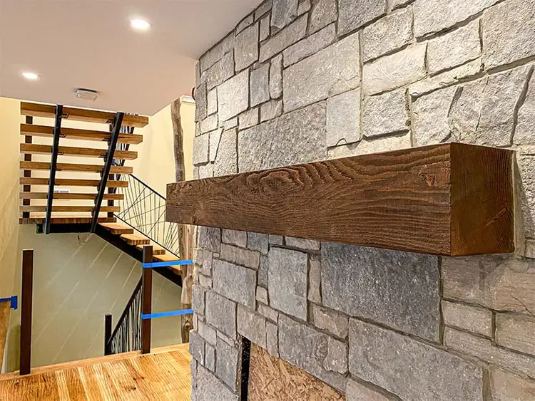 Wood staining, stained mantel beam