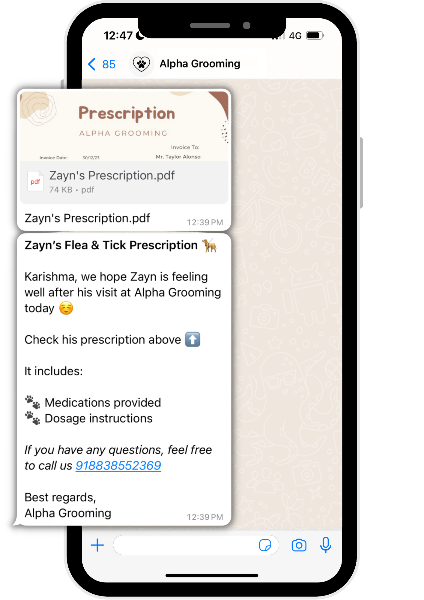 Send doctor's prescription on WhatsApp for pet grooming clinics