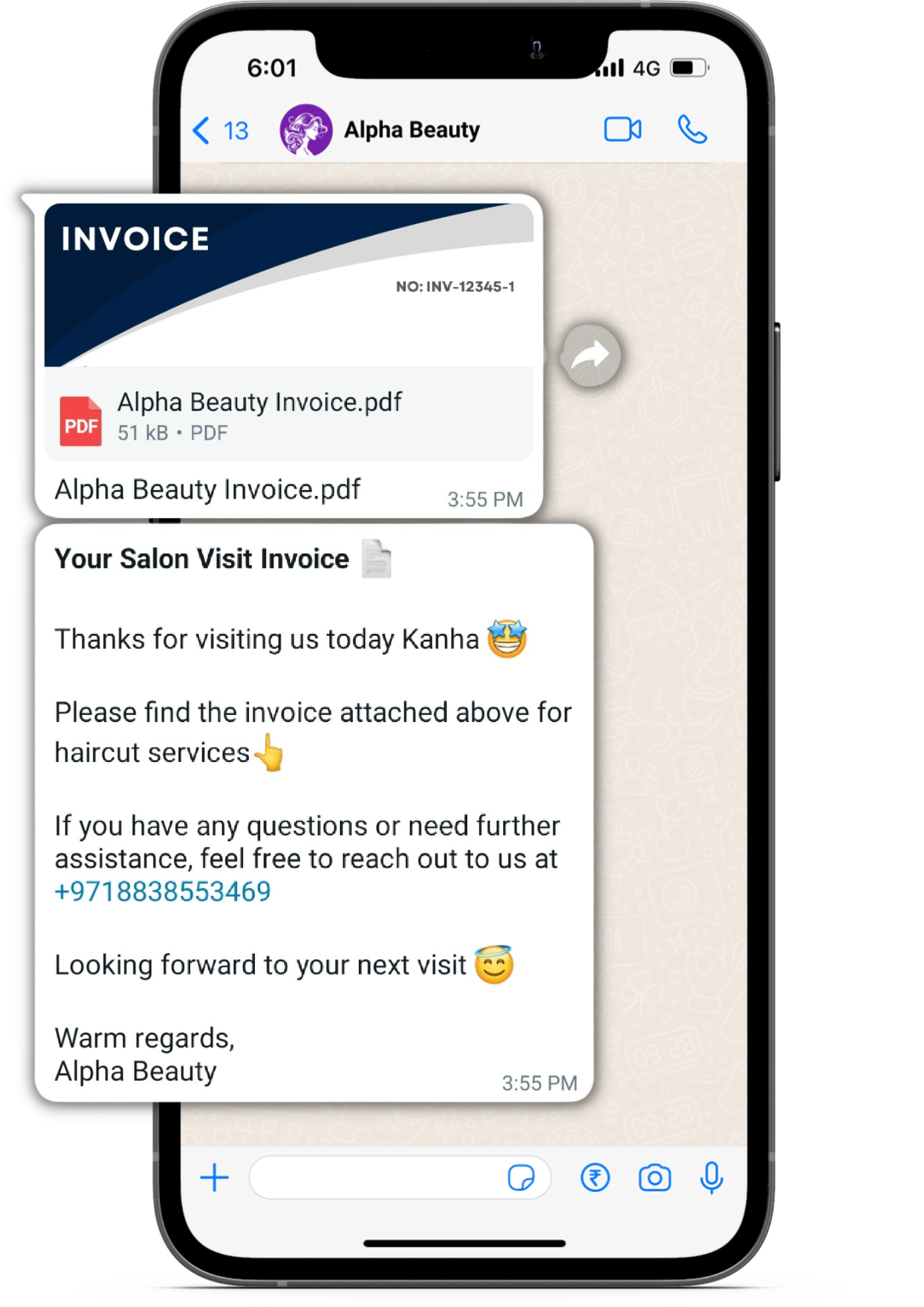 Send invoice for beauty salons on WhatsApp