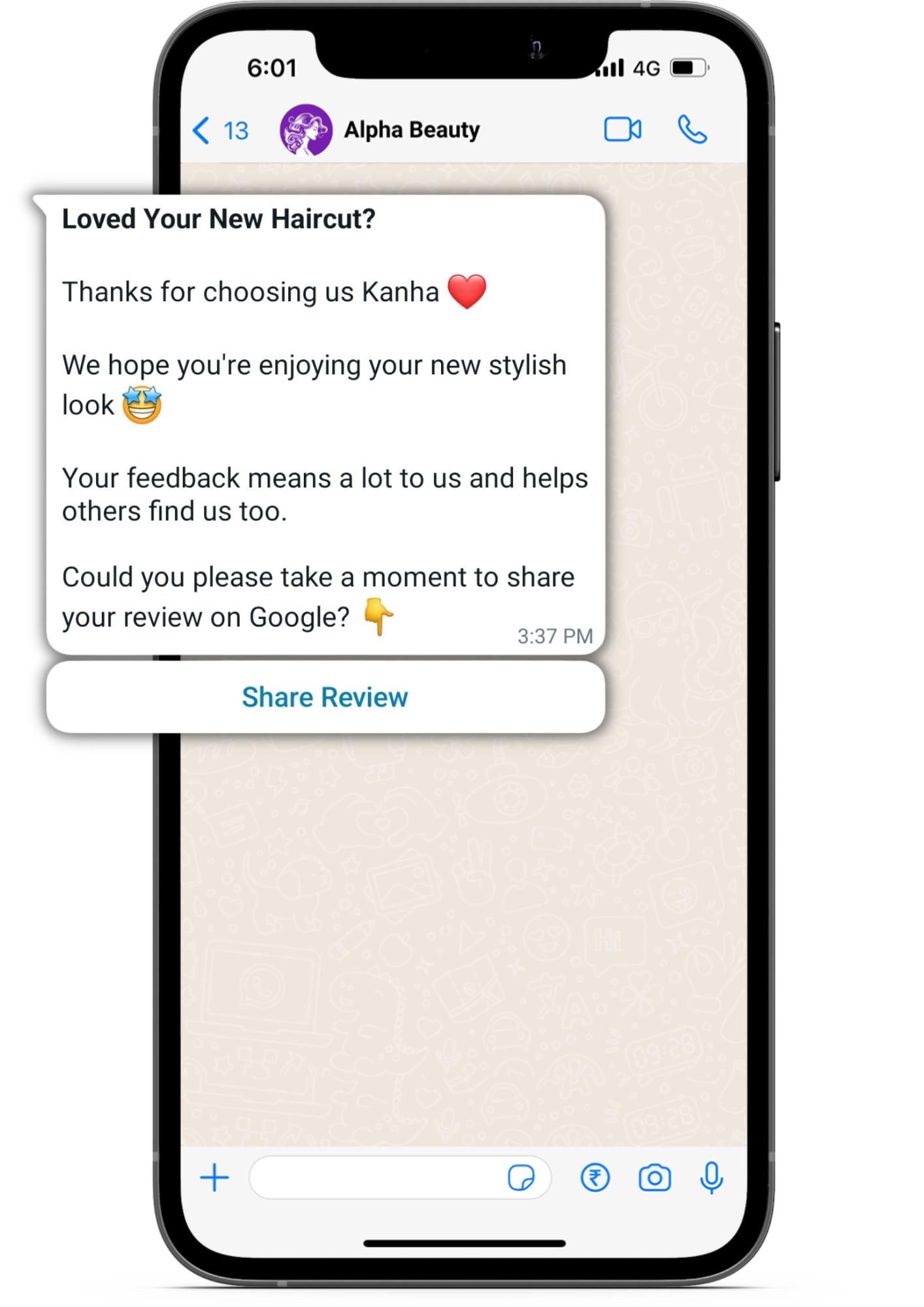 Collect google reviews for beauty salons on WhatsApp