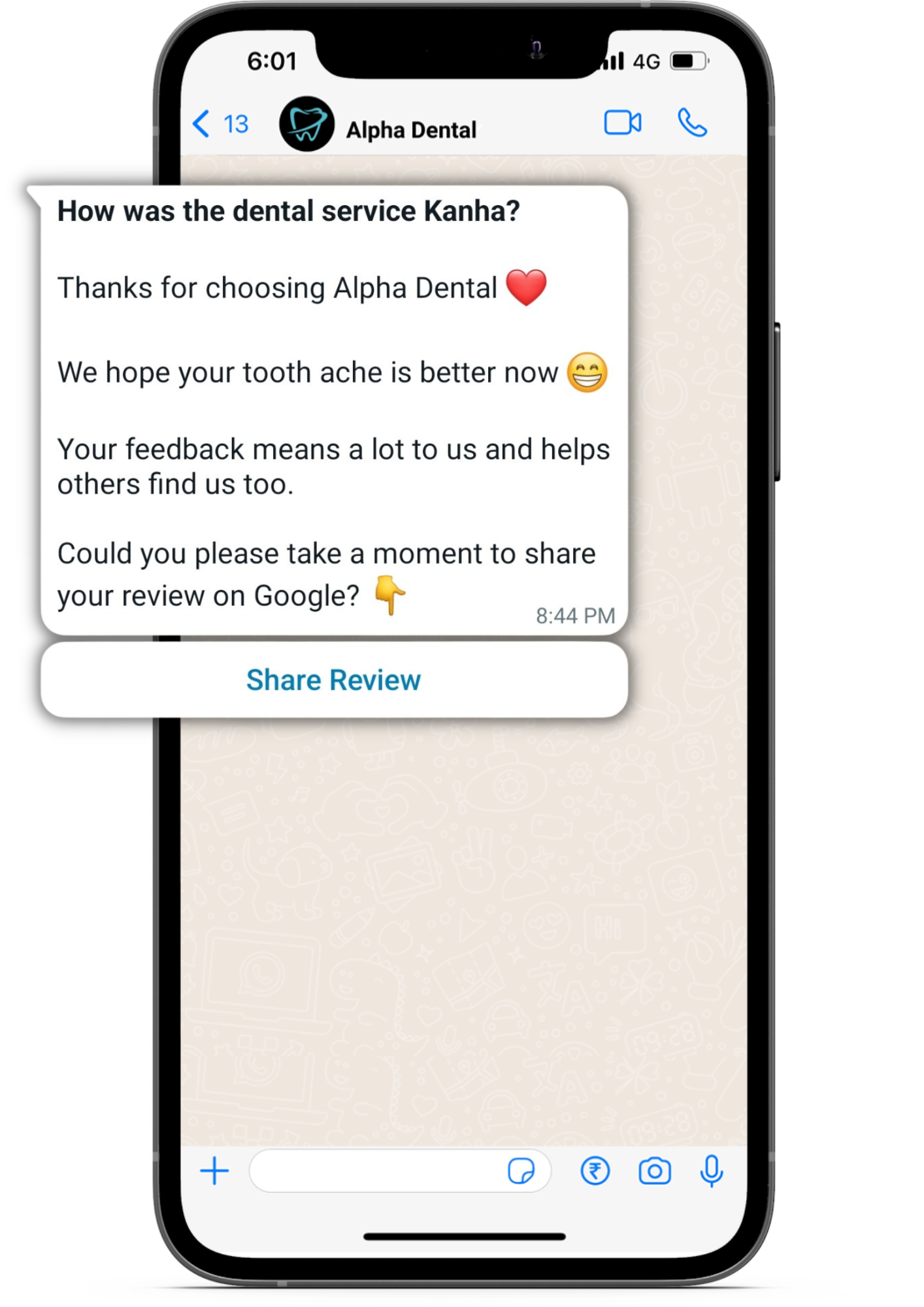 Collect google reviews for dental clinics on WhatsApp
