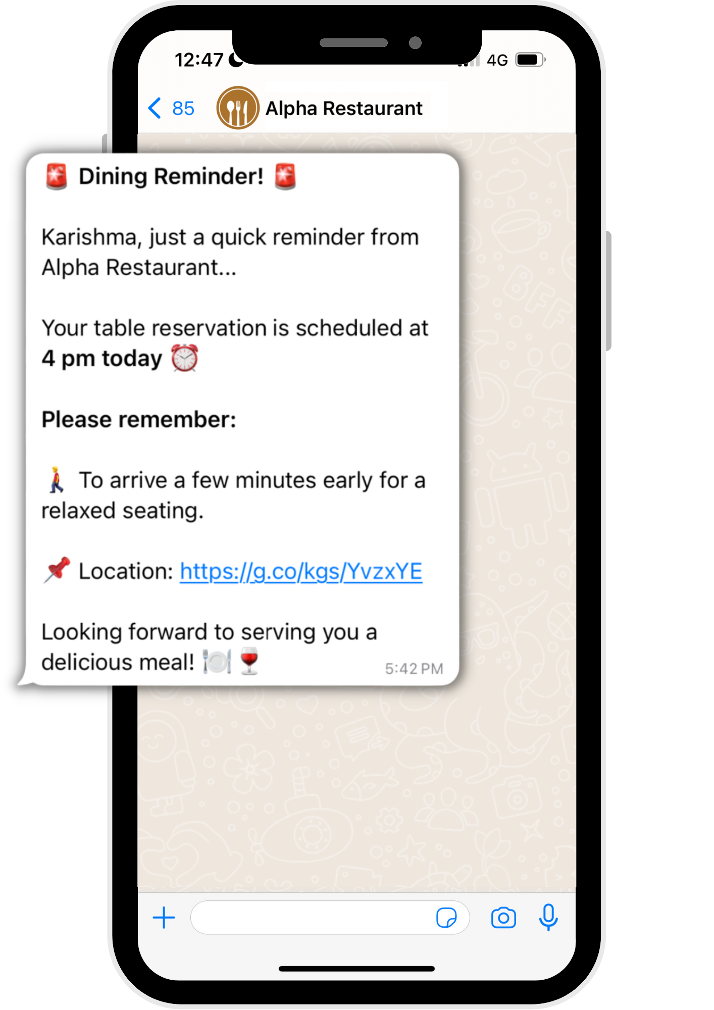 Send restaurant booking reminders on WhatsApp