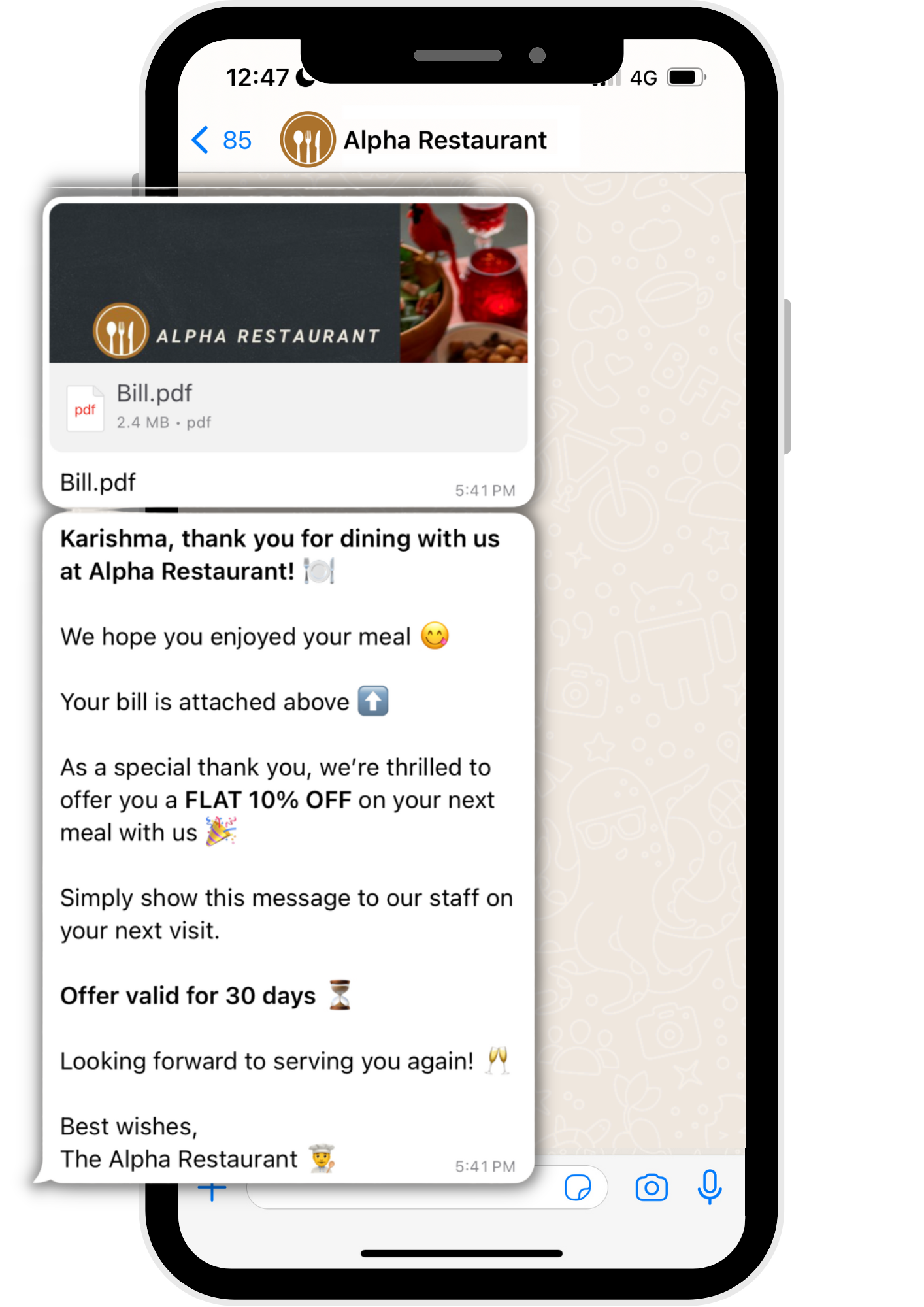 Send restaurant food bill on WhatsApp