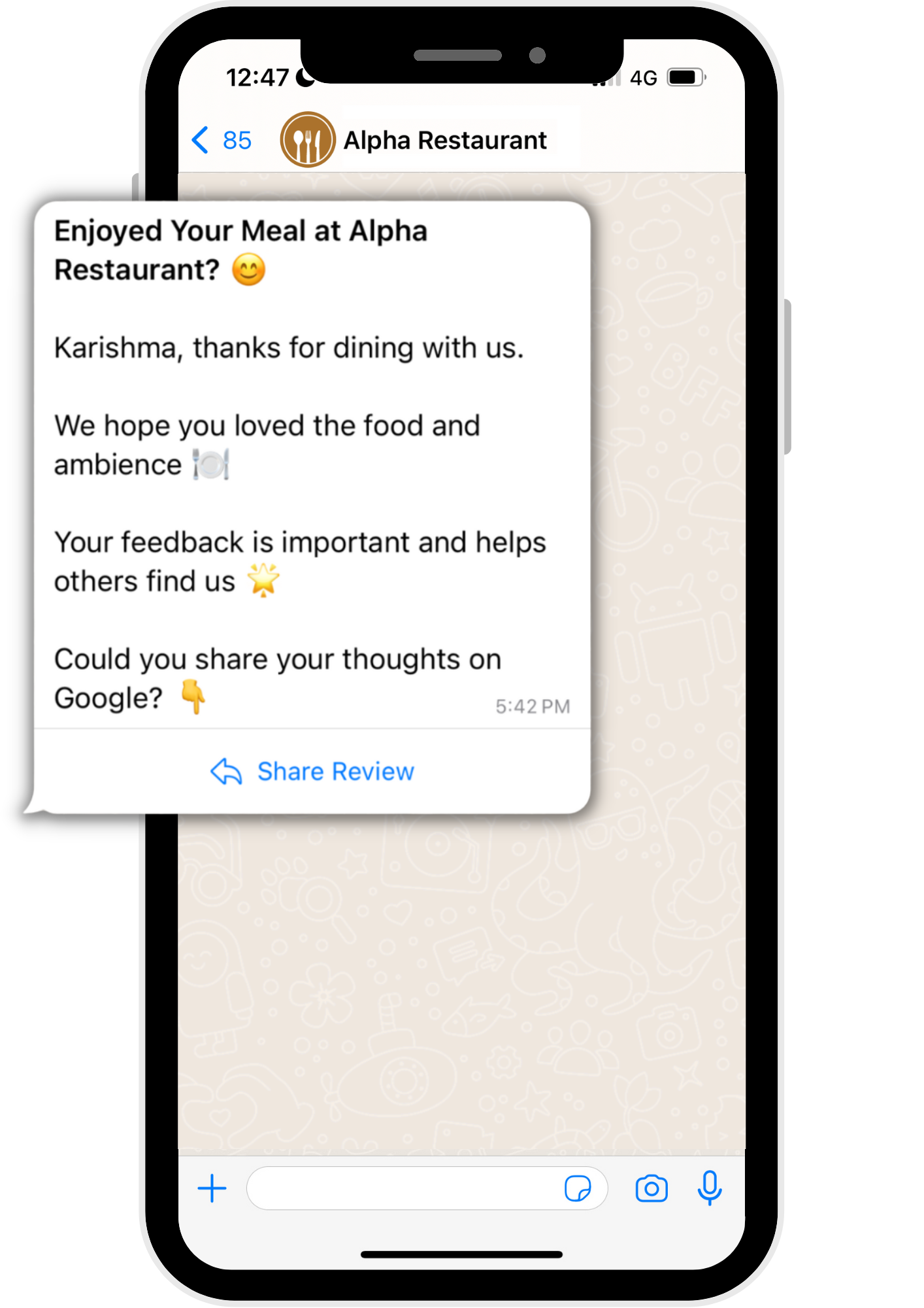Collect restaurant google reviews on WhatsApp 