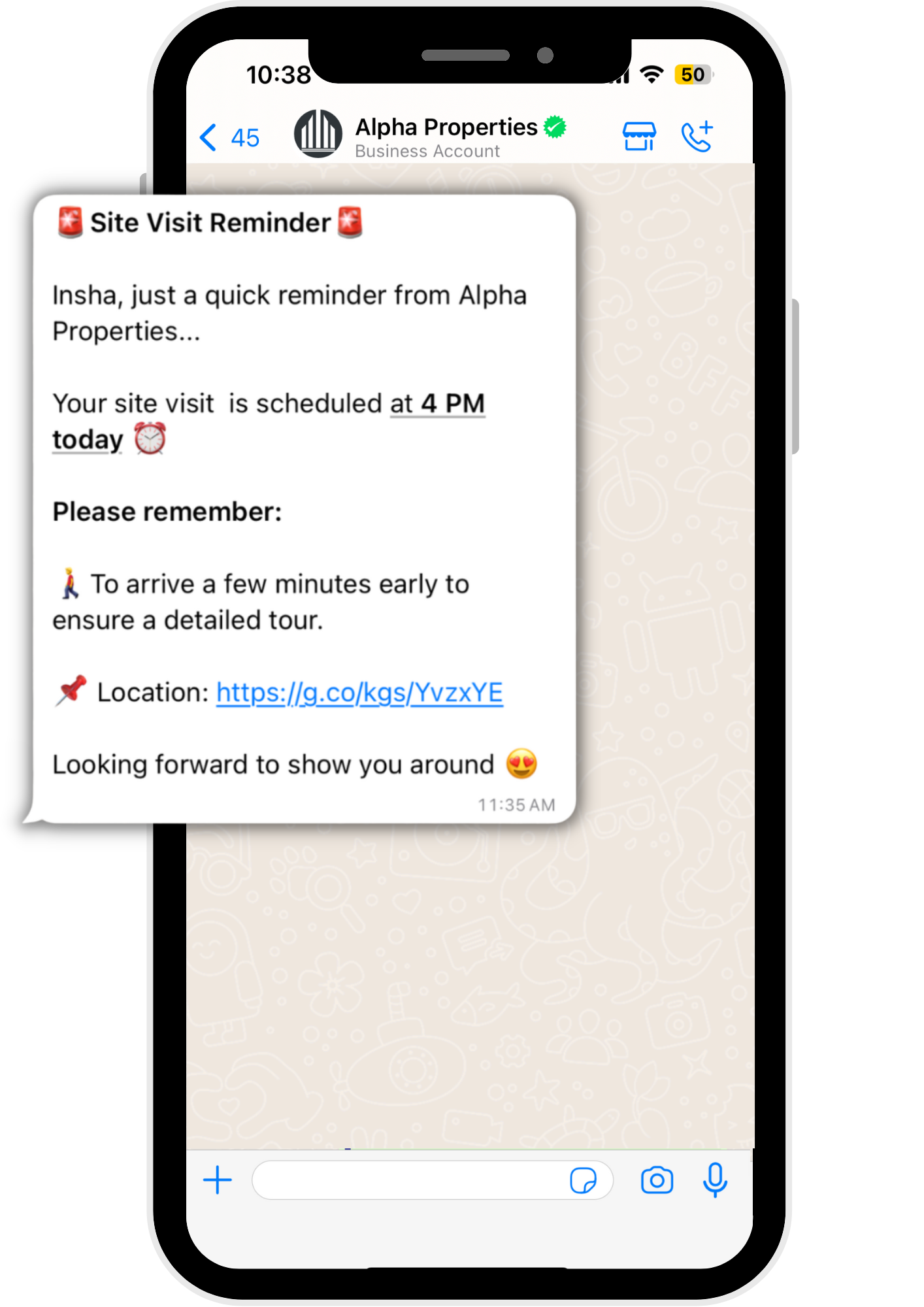 Appointment booking reminder on WhatsApp for real estate business