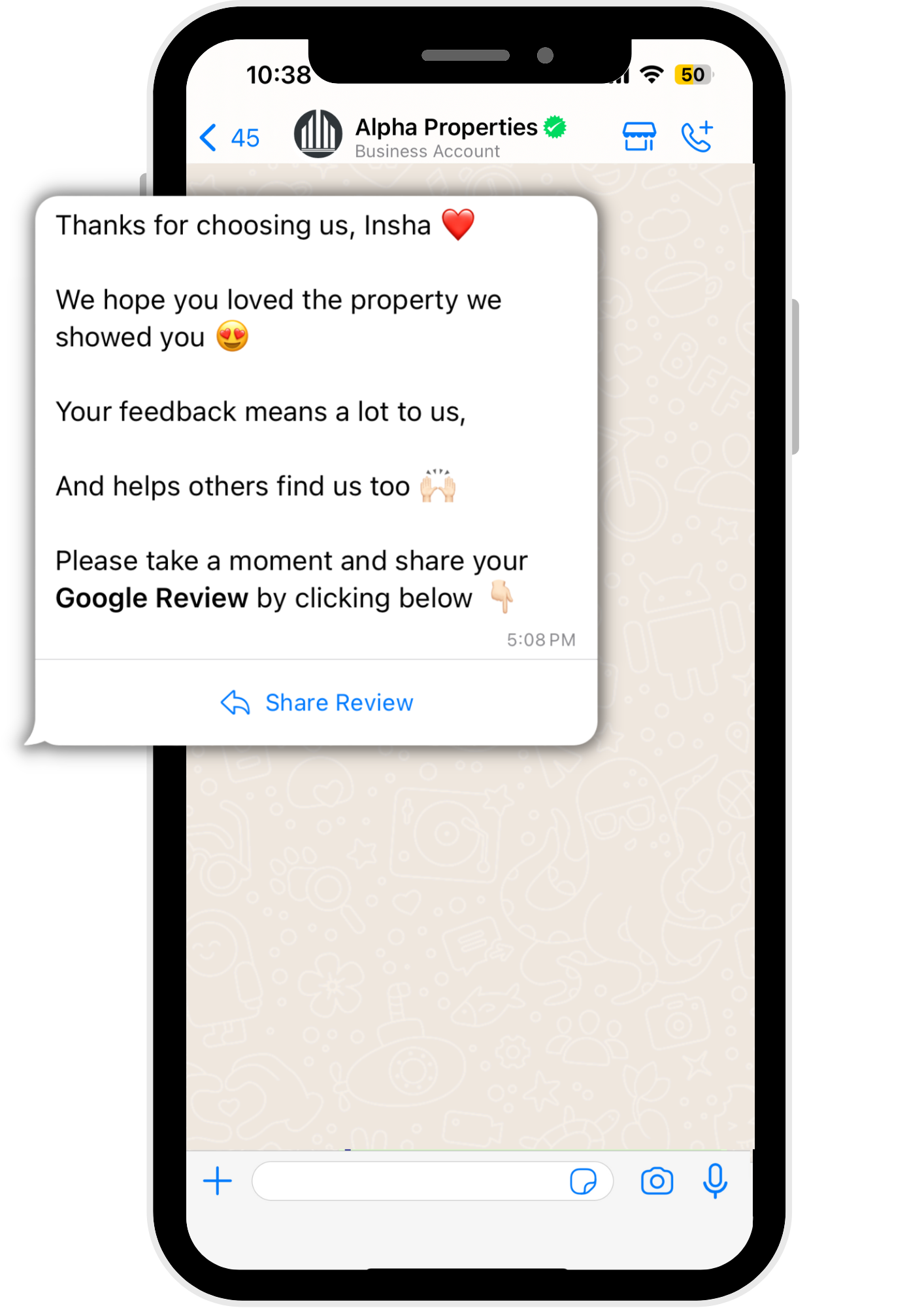 Collect google reviews for real estate business on WhatsApp