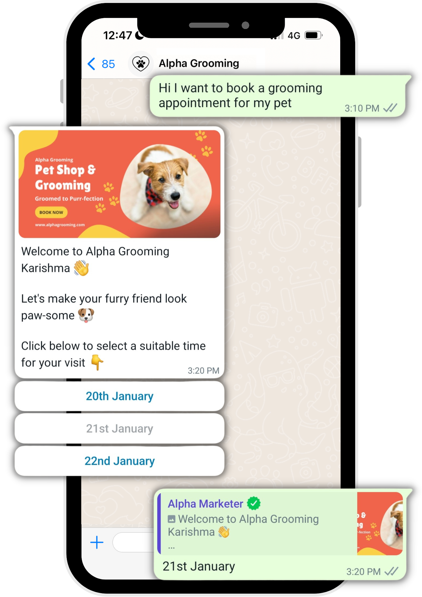 Appointment Booking on WhatsApp for pet grooming clinic