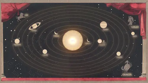 Wide dark celestial diagram with a glowing central sun, planets arranged along orbital rings and a reddish decorative border.
