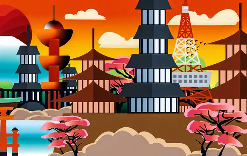 Colorful illustrated cityscape with tiered buildings, a lattice tower, pink flowering trees, water and clouds beneath an orange sky.