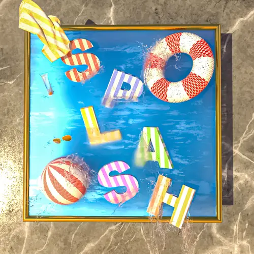 Playful patterned three-dimensional SPLASH letters float over bright blue water inside a gold frame on a stone-textured background.