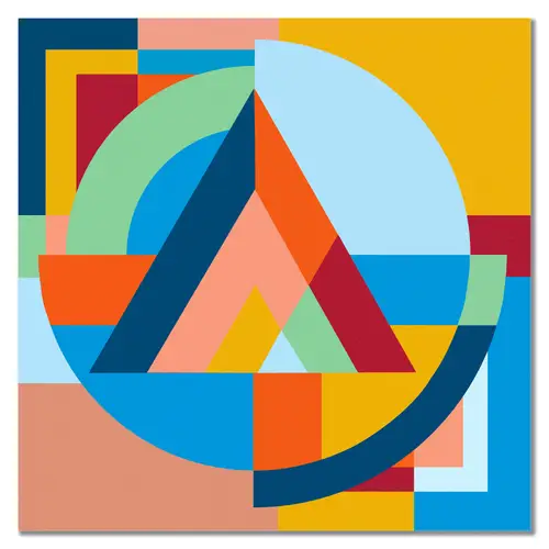 Overlapping circles, triangles and rectangular blocks in blue, turquoise, orange, yellow, green and pink.