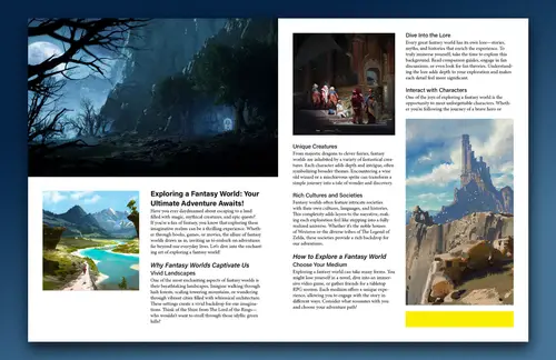 A blue-bordered fantasy publication spread combining landscape illustrations and columns of text.