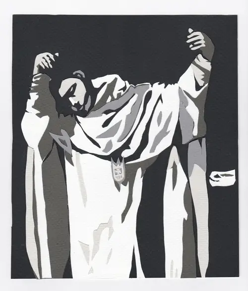 A black-and-white layered collage depicting a draped figure with one arm raised.