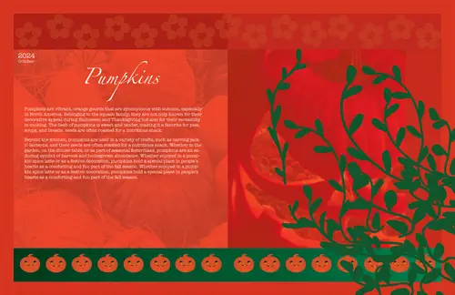 A red magazine spread titled Pumpkins with a green botanical illustration and a row of pumpkin icons.