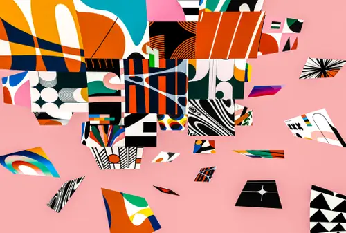 Scattered angular fragments filled with bold striped, floral and geometric patterns against a pink background.