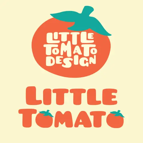Orange and green Little Tomato Design logo inside a tomato shape, with a second rounded Little Tomato wordmark on a pale yellow background.