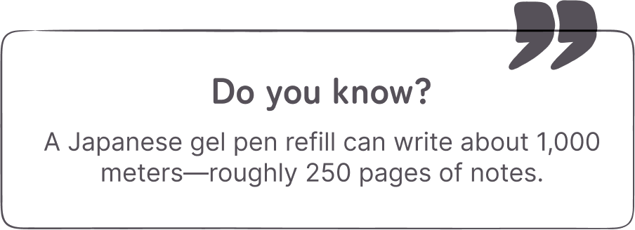 Do you know? A Japanese gel pen refill can write about 1,000 meters—roughly 250 pages of notes.