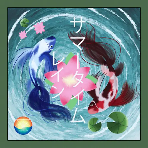 Blue and red koi circle a pink blossom in swirling turquoise water, with lily pads and vertical Japanese lettering.
