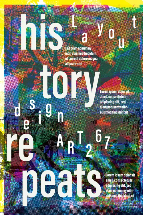 Tall poster with fragmented white History Repeats lettering layered over a dense multicolored textured background.