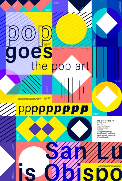 Bright poster combining circles, diamonds, stripes and checkerboard patterns with oversized pop art lettering.