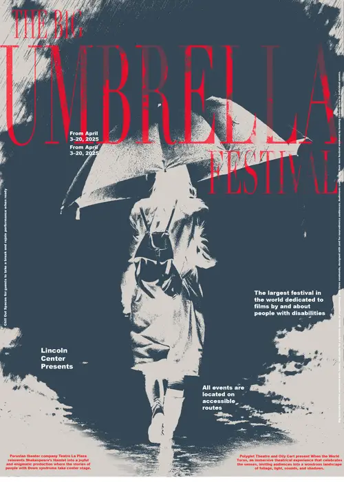 Dark poster with tall red Umbrella Festival lettering above a high-contrast figure holding an umbrella, surrounded by rough white textures.