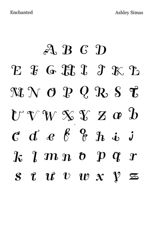 An ornamental black alphabet on white, showing uppercase and lowercase characters under the title Enchanted.