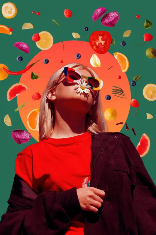 Portrait of a person wearing sunglasses and red clothing beneath floating fruit, against a green background and an orange circular shape.
