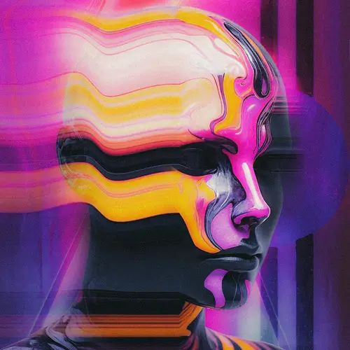 Side-profile portrait stretched into flowing bands of pink, yellow, purple and black.