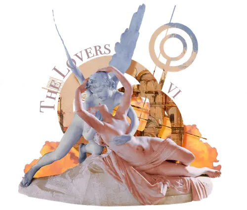 Collage of embracing classical figures, wings, architectural fragments and circular symbols in blue, pink and gold, with The Lovers lettering.