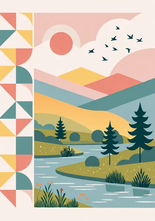 Pastel geometric landscape with a winding river, evergreen trees, layered mountains, birds and a round sun beside a patterned border.