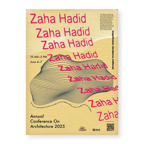 Yellow architecture conference poster with repeated pink Zaha Hadid lettering and a flowing black line drawing.