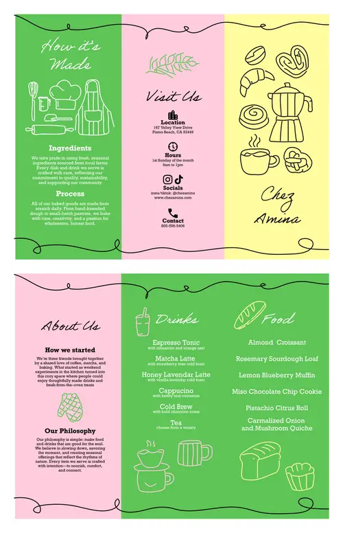 Six café brochure panels in lime green, pink and yellow, with coffee illustrations and menu text.