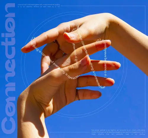 Two hands reaching toward one another on a vivid blue poster, with Connection set vertically and small lettering tracing the hands.