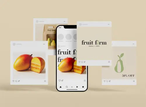 Fruit Firm promotional designs arranged around a smartphone, with fruit photographs, cream backgrounds and a green fruit emblem.