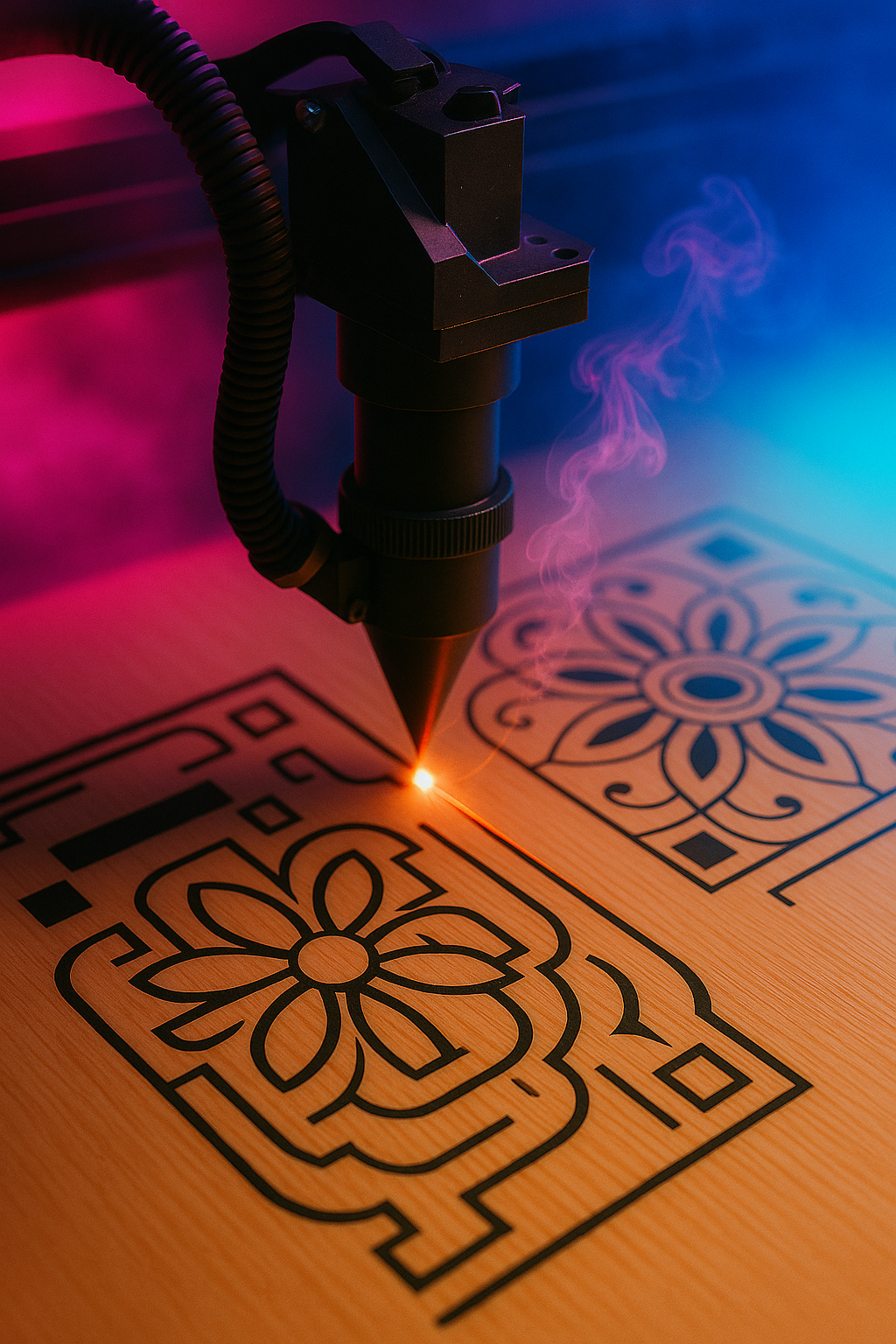 Gravierte Holzplatte mit floralem Muster – Lasergravur Steiermark