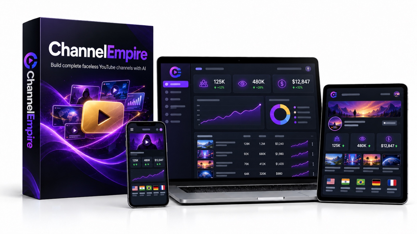 ChannelEmpire AI product box with YouTube analytics dashboards